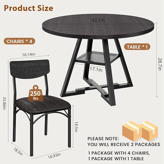 Jocoevol Round Dining Table and 4 Chairs Set of 4, Circle Dinner Table with Shelves, Space Saving Wood Kitchen & Dining Room Furniture (Black, 42 inch)