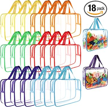 18 Packs Large Toy Storage Bags with Labels, 6 Colors Clear PVC Toy Storage Organizer with Zipper, Waterproof Reuseful Clear Organizer Bags for Building Blocks, Puzzles, Kids Books, Board Game