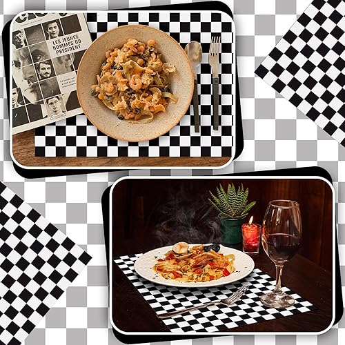 Miniatura 5 de Lincia 100 manteles individuales de papel a cuadros en blanco y negro, suministros para fiesta de cumpleaños, manteles individuales desechables para