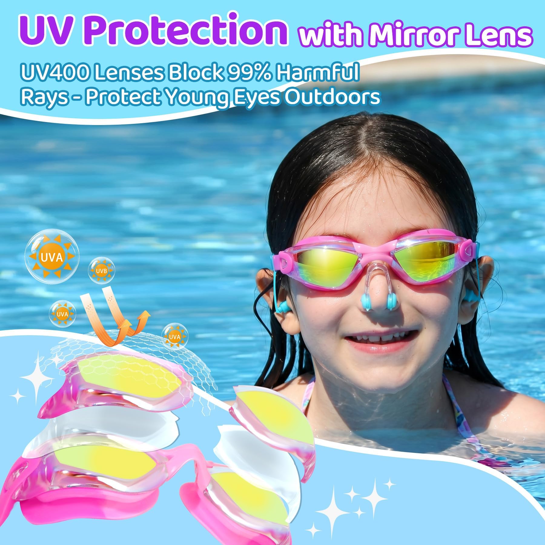 Vvinca Lot de 2 paires de lunettes de natation pour enfants avec bouchons d'oreilles et pince-nez, lunettes anti-buée/UV pour enfants, adolescents de 3 à 15 ans