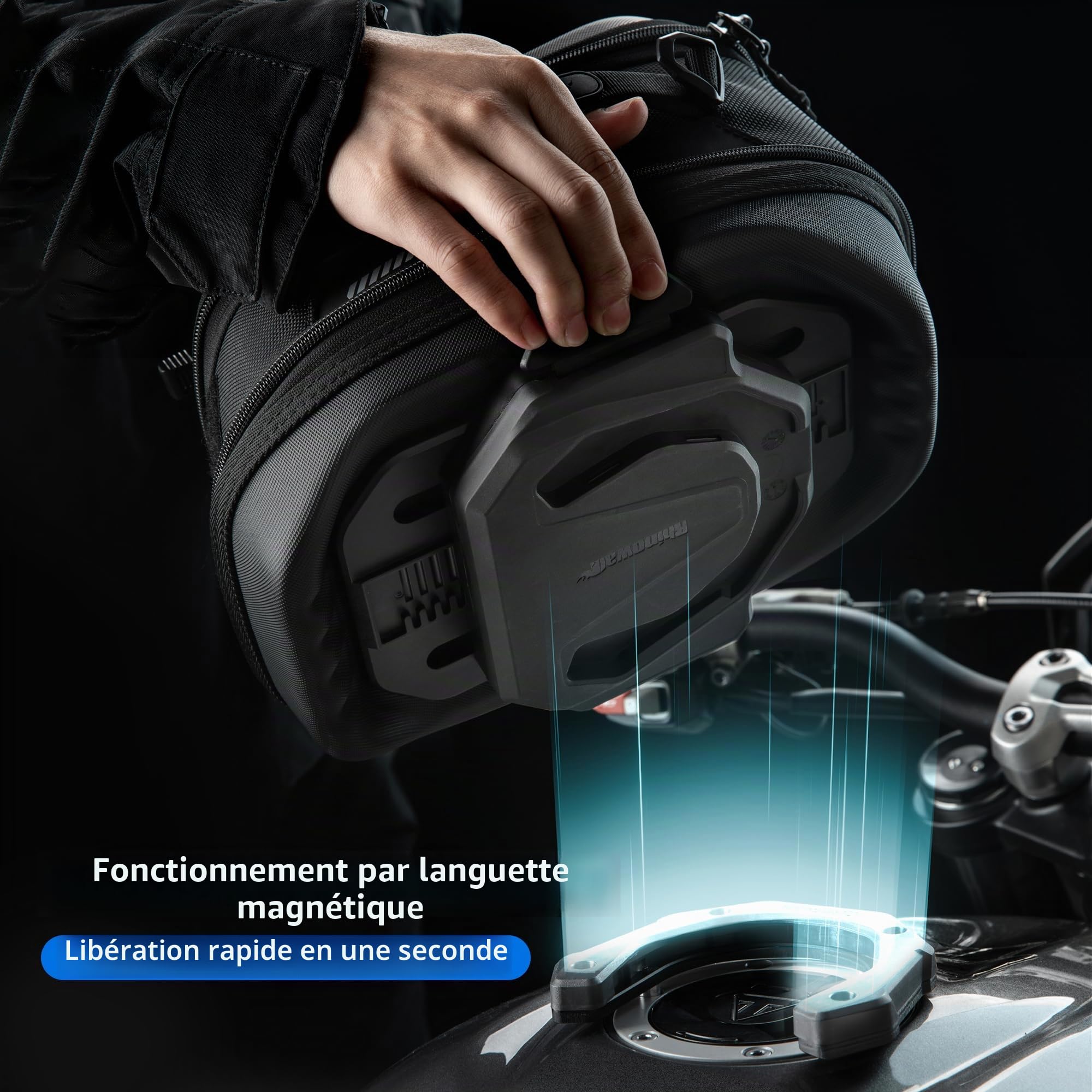 Sacoche de réservoir Rhinowalk pour moto 5L-6.5L avec aimants puissants à détachement rapide et housse de pluie, compatible avec Harley Davidson, Indian, Honda, Yamaha, Suzuki et plus - Noir