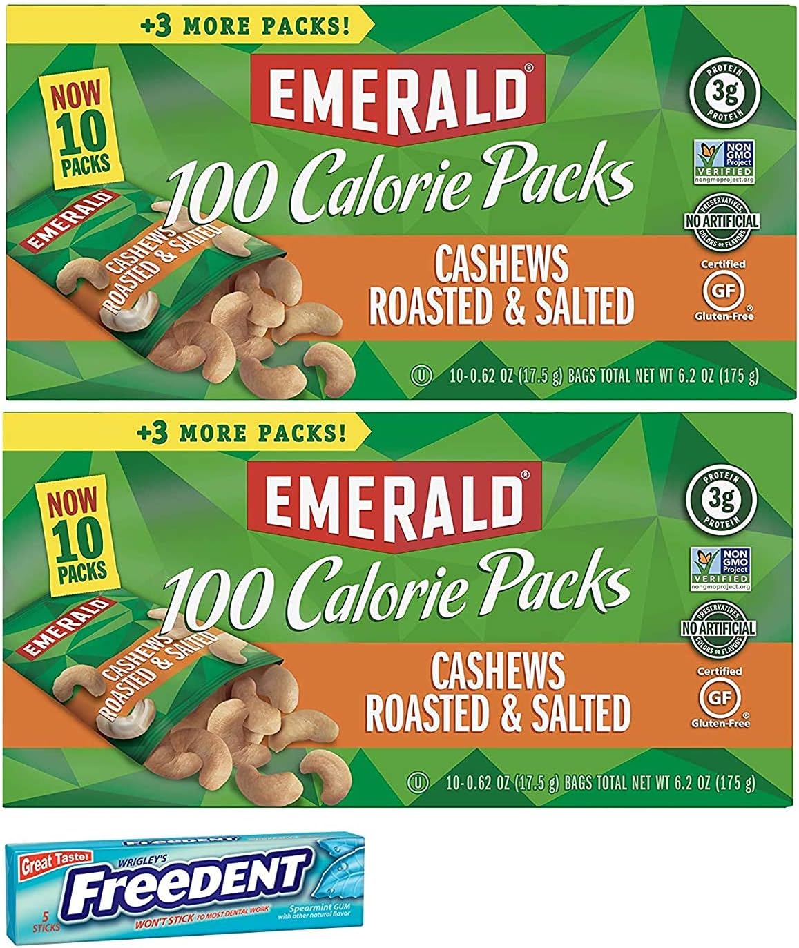 EmeraldEmerald Cashews Roasted and Salted 100 Calorie Packs. Healthy, Low Carb Protein Snacks. Includes 2 Boxes Plus a 5 Pack Gum Sample.