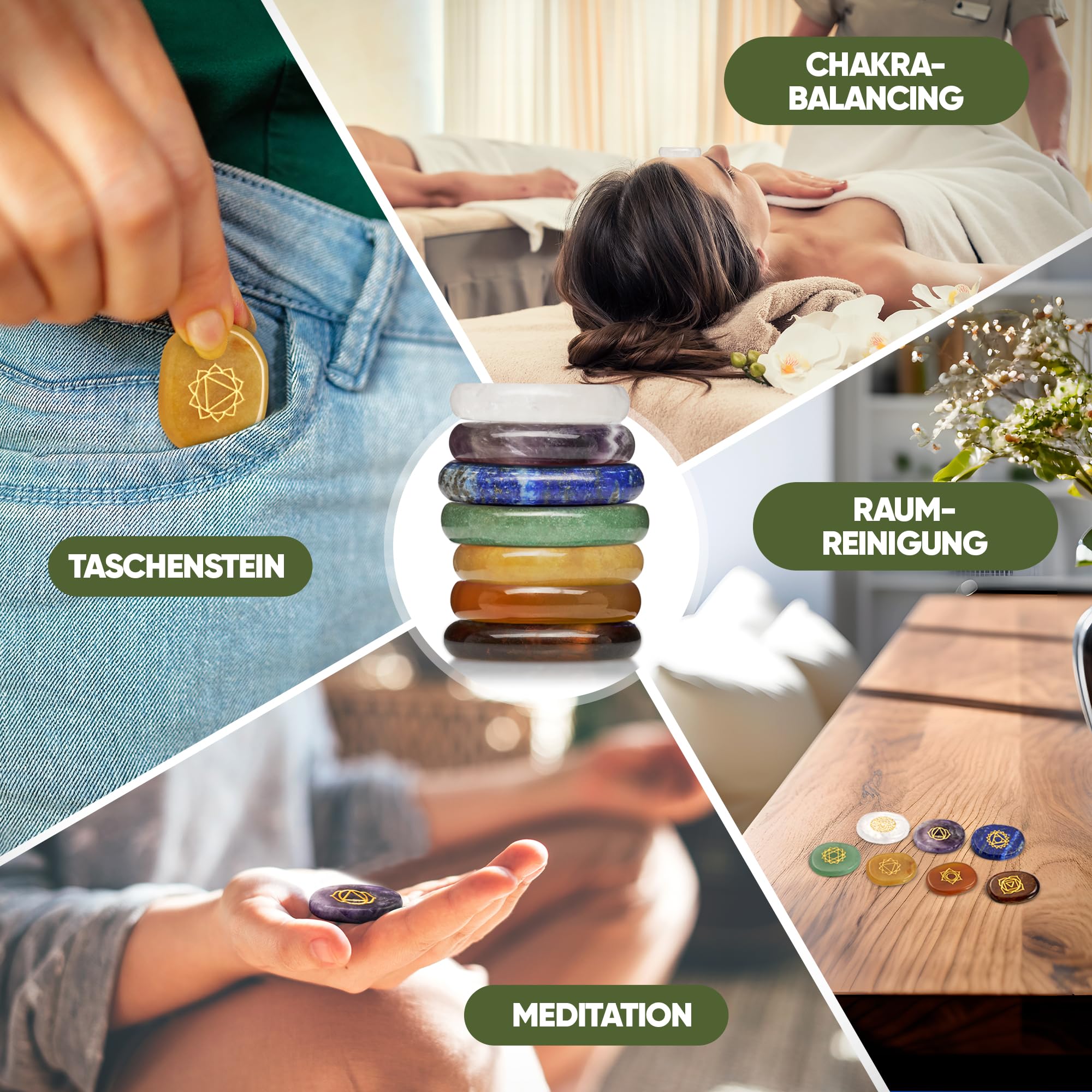 PURAJA Premium Chakra Set mit den 7 wichtigsten Edelsteinen | Heilsteine Set aus echten Edelsteinen | Chakren Steine mit eingravierten Symbolen | Handgefertigte Heilsteine für Meditation