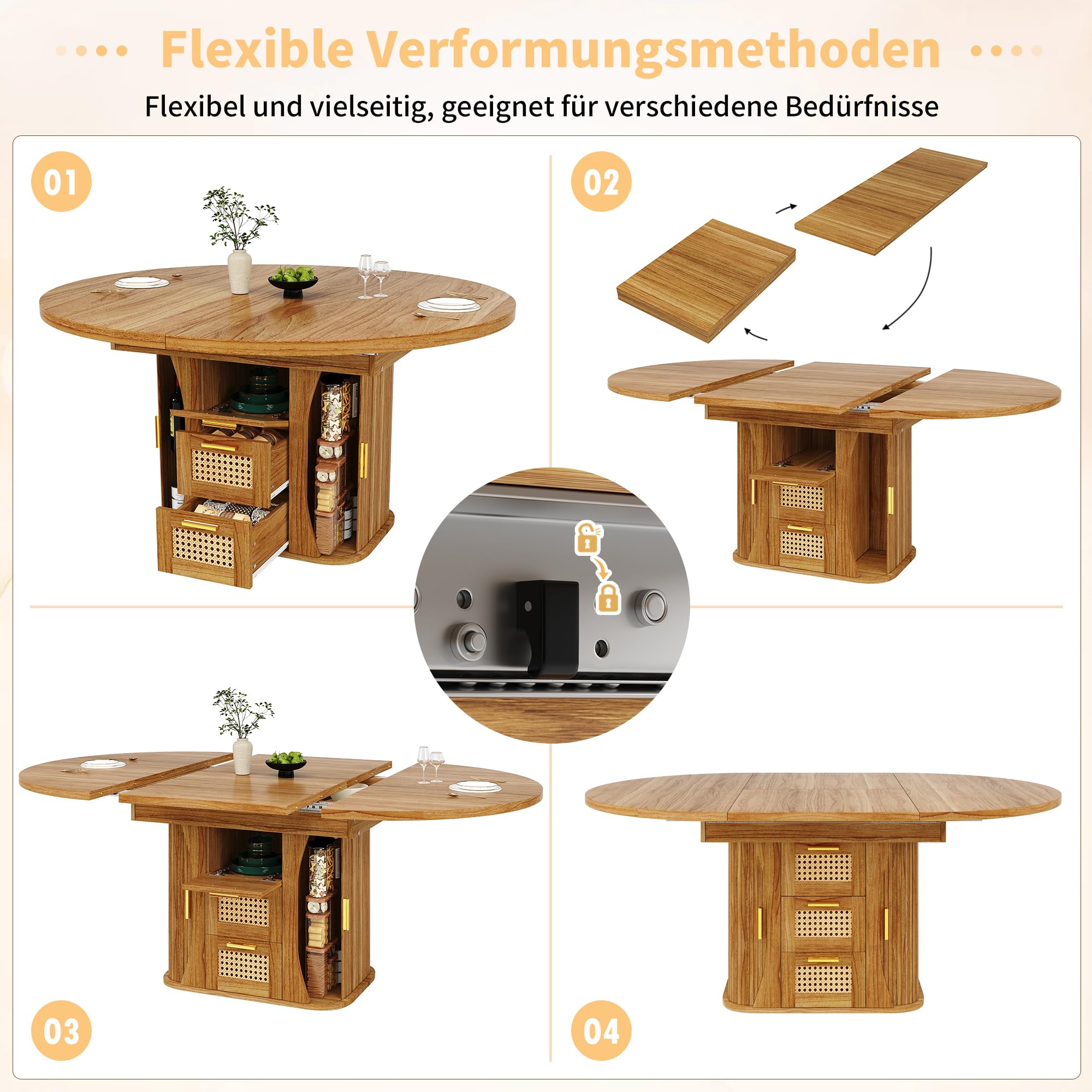 Tavolo da pranzo allungabile con vano portaoggetti, tavolo da 118-158 cm con cassetti in rattan