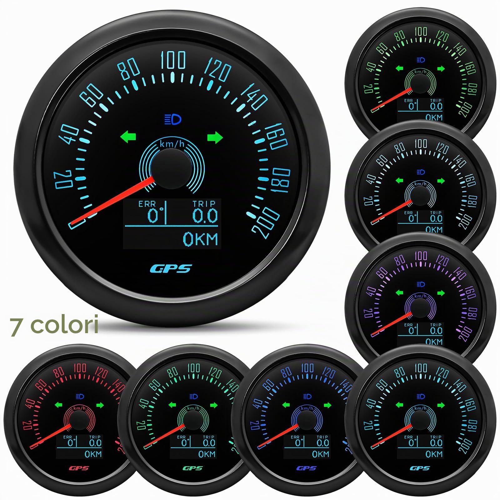 Tachimetro GPS da 85 mm, 0-200 km/h, impermeabile, per chilometri da viaggio COG, per auto, camion, moto, 7 colori retroilluminati