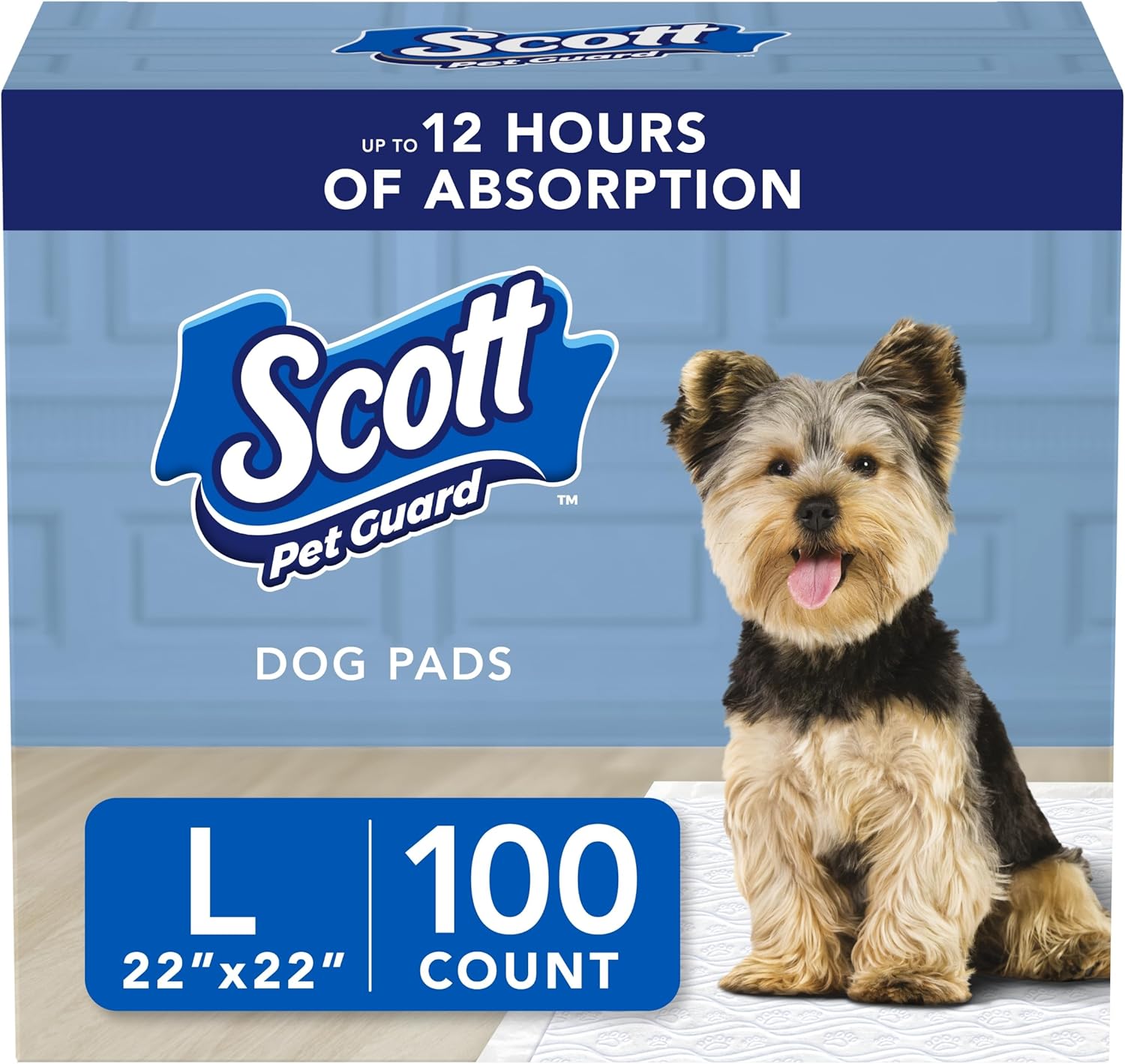 Scott Pet Guard Dog Pads – Dog Training Pee Pads for Puppies, Medium & Large Dogs – Up to 12 Hour Absorbent Odor Control – Easily Disposable Dog Pee Pads – Size Large – 22″ x 22″ – 100 Pack