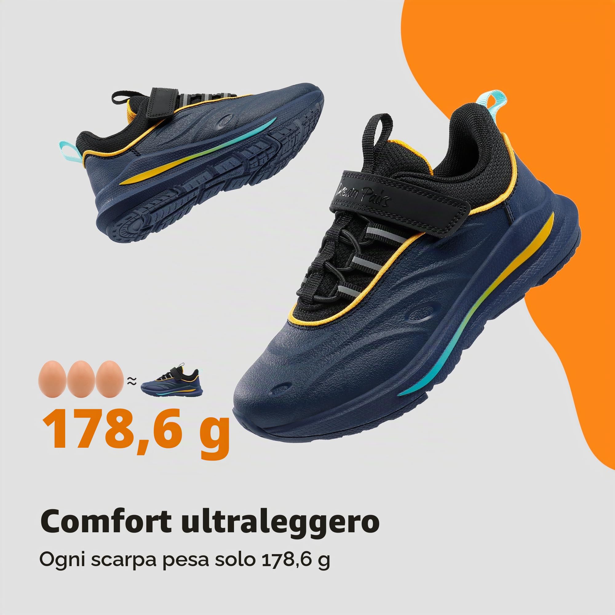 DREAM PAIRS Sneakers Bambini Sportive | Materiale anti-collisione, tomaia idrorepellente, suola EVA con inserti gomma, nastro riflettente, chiusura a strappo.