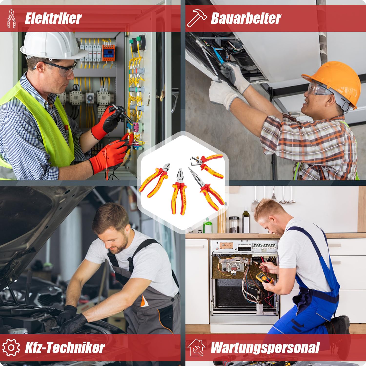 4 tlg VDE-isolierter Zangen-Satz, 1000V, inkl. 190mm Kombizange, 165mm Seitenschneider, 160mm Abisolierzange, 210mm Langnase & Spannungsprüfer,mit Aufbewahrungsbox für Profis