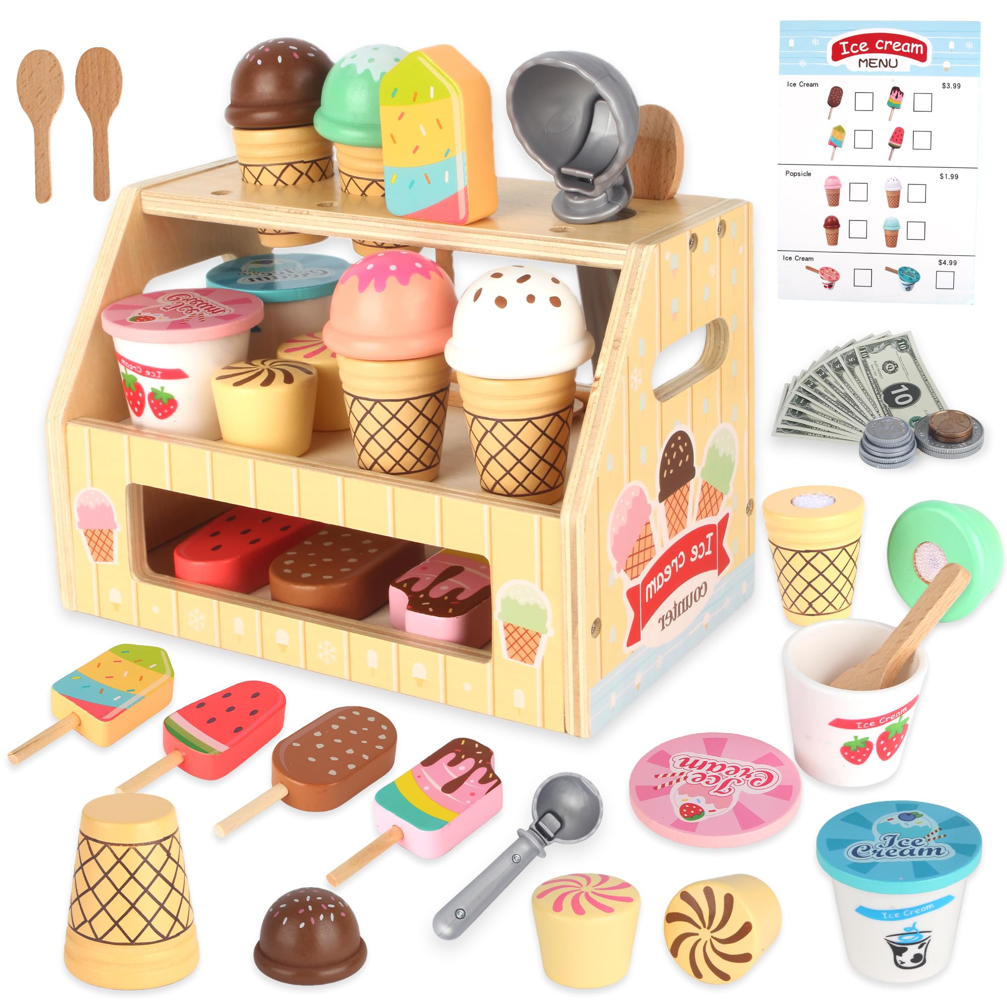 Carretto Gelati Giocattolo in legno per bambini,set gelateria 36 pezzi con espositore e monete, Carretto Gelati Giocattolo per gioco di ruolo educativo per bambini da 3 anni