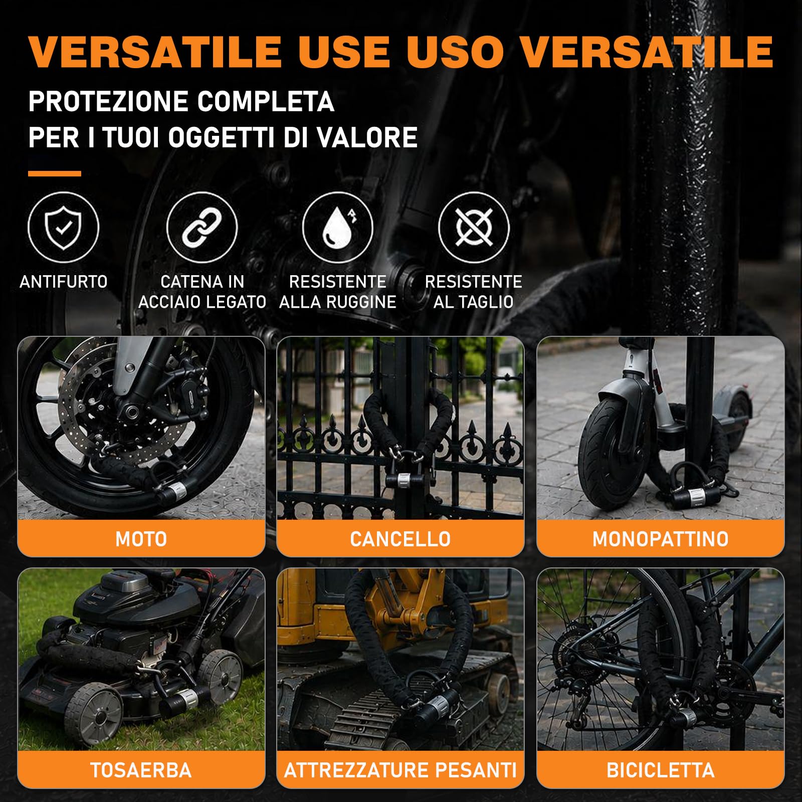 Catena Antifurto Moto 12 mm in Acciaio Temprato con Lucchetto a U e 4 Chiavi, Catena di Sicurezza per Moto, E-Bike, Scooter e Bicicletta, 120 cm – Argento