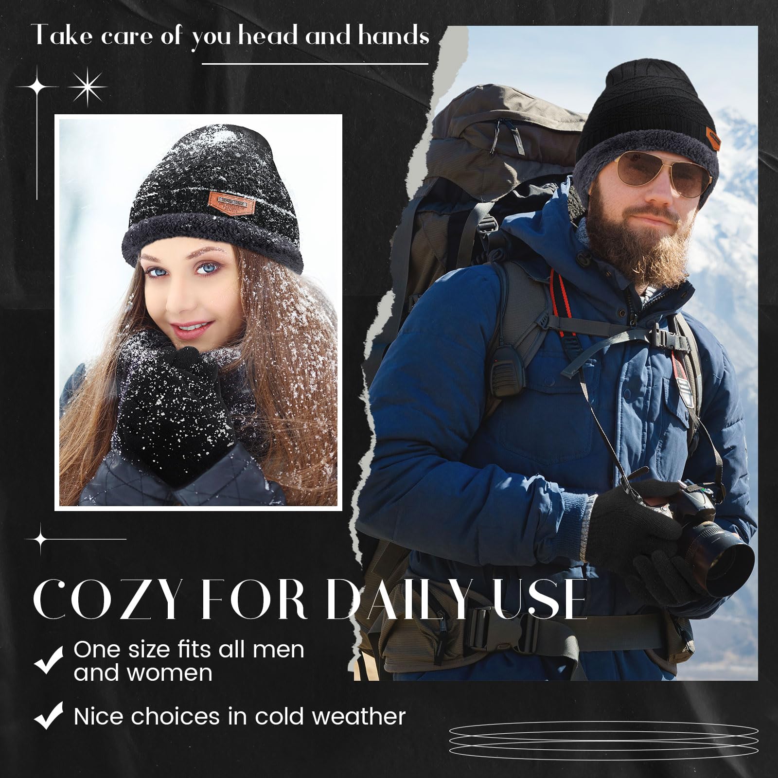 Suhine 48 Stück Wintermützen Handschuhe Combo Pack Fleece Strickmützen Bulk Unisex Gemütlich Warme Handschuhe für Damen Herren Geschenk Schwarz, Schwarz, Medium