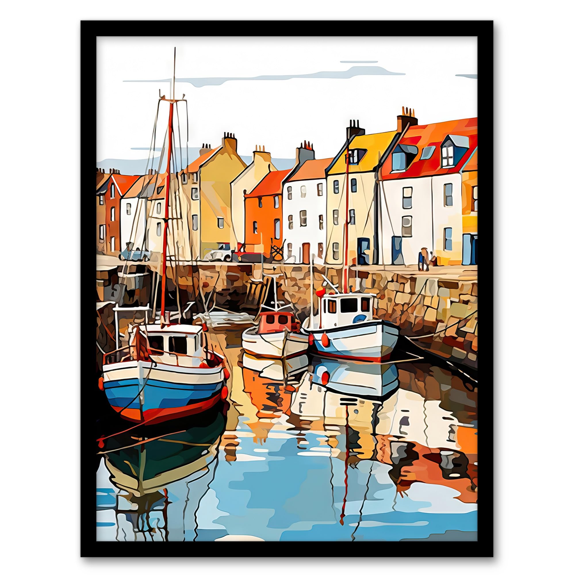 Artery8 Scotland Fishing Harbour Boats Acrylic Artwork Anstruther Harbour Fife 1965 Artwork Framed Wall Art Print A4