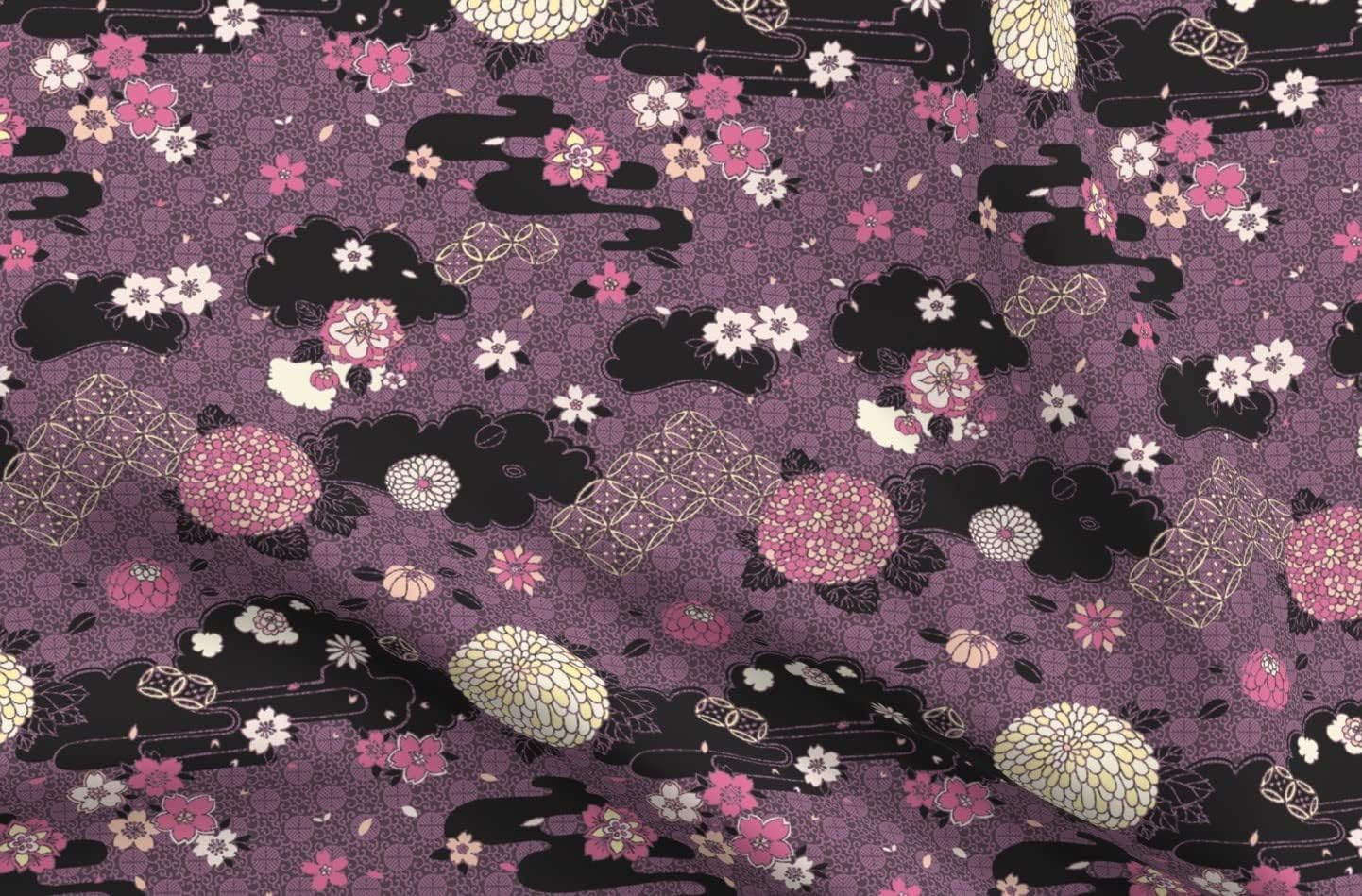 Spoonflower Fabric - Flowers Pink Purple Black Japanese Flower Cherry Blossom Printed on Organic Cotton Sateen Fabric by The Yard - Sewing Quilting Apparel Home Decor