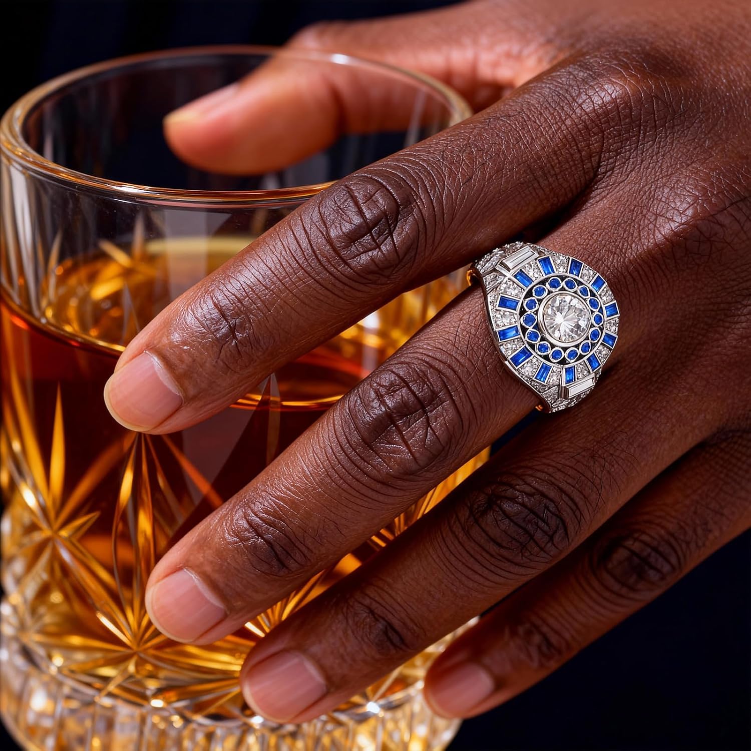 Mens Lab-Created Moissanite Center Stone with Blue Spinel Accents Wedding Band 925 Sterling Silver Engagement Ring Size 7-14 - Image 5