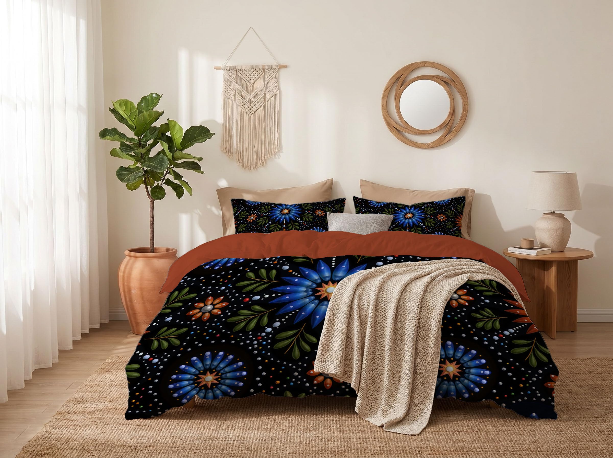 Mandala mexicain parure de lit 240x260 pour chambre adulte ethnique et cocooning en bleu foncé