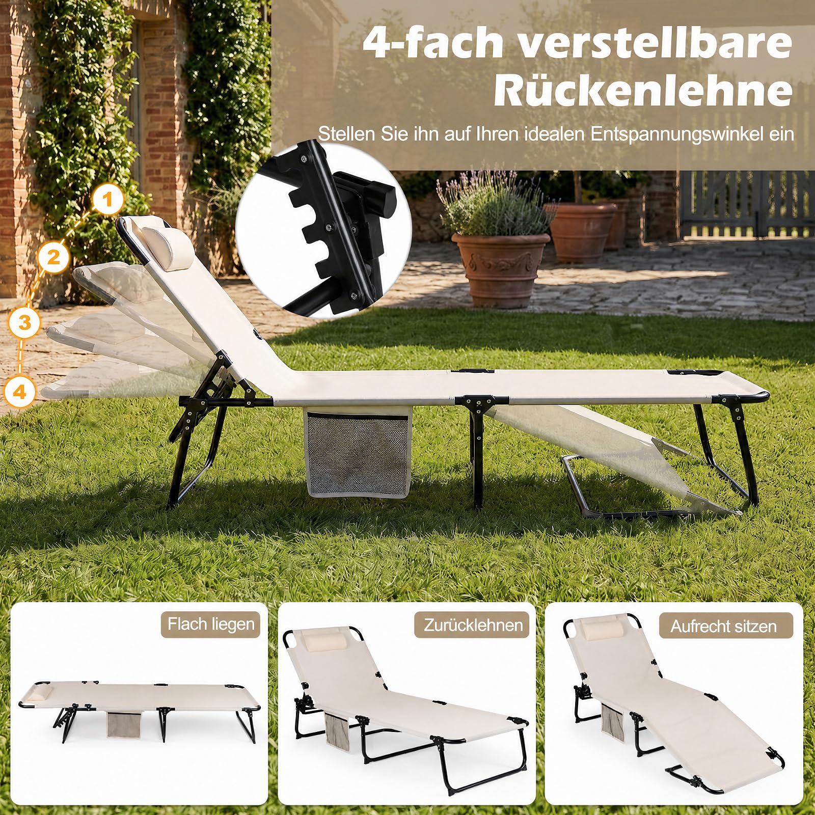 COSTWAY Sonnenliege klappbar, Liegestuhl mit Auflage, Seitentasche, Kopfstütze & Verstellbarer Rückenlehne, Gartenliege, Klappliege, Gästebett, Campingbett, Relaxliege für Garten, Terrasse (Beige)