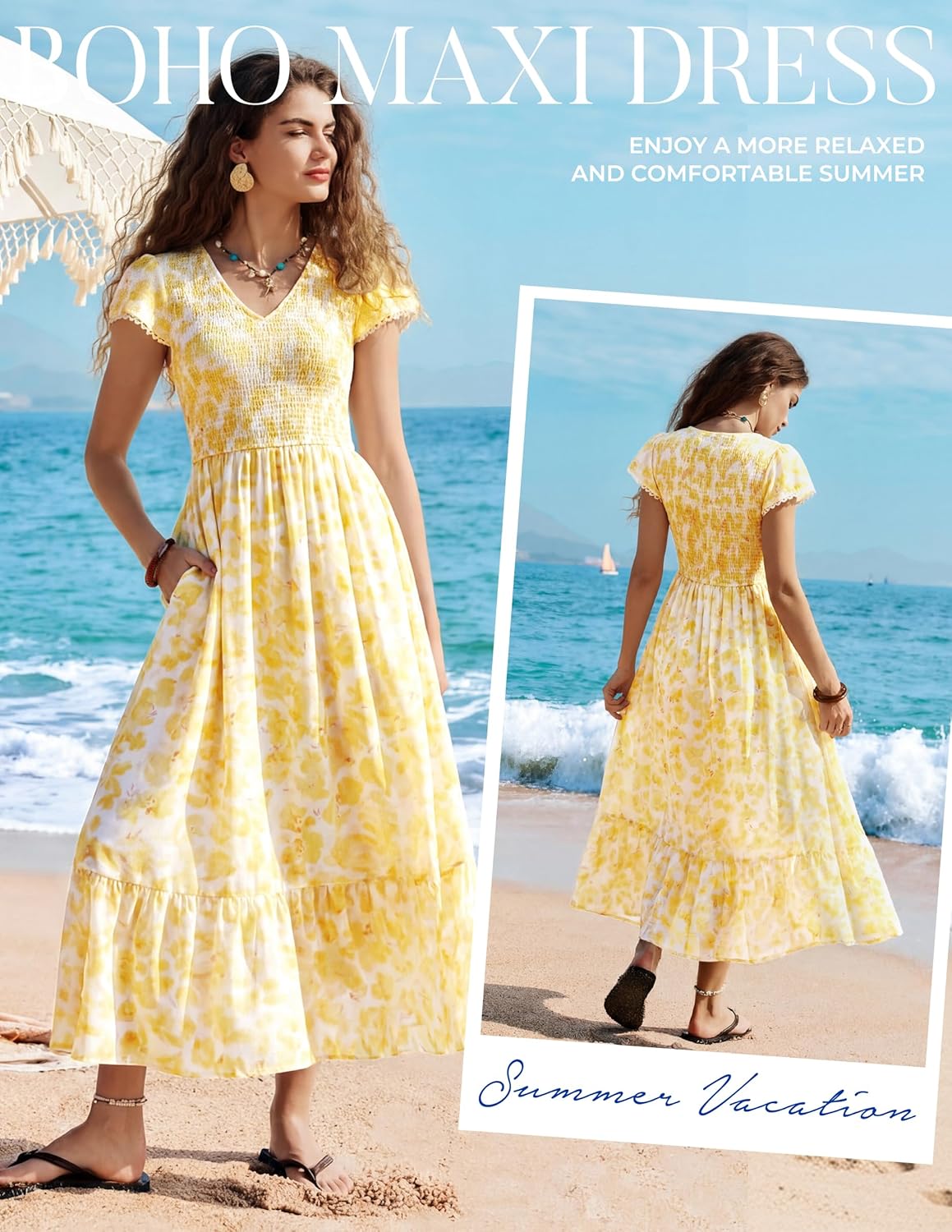 Kate Kasin Women Summer Floral Maxi Dresses 2026, V Neck Smocked Boho Sundress, Flowy Long Beach Vacation Dress with Pockets