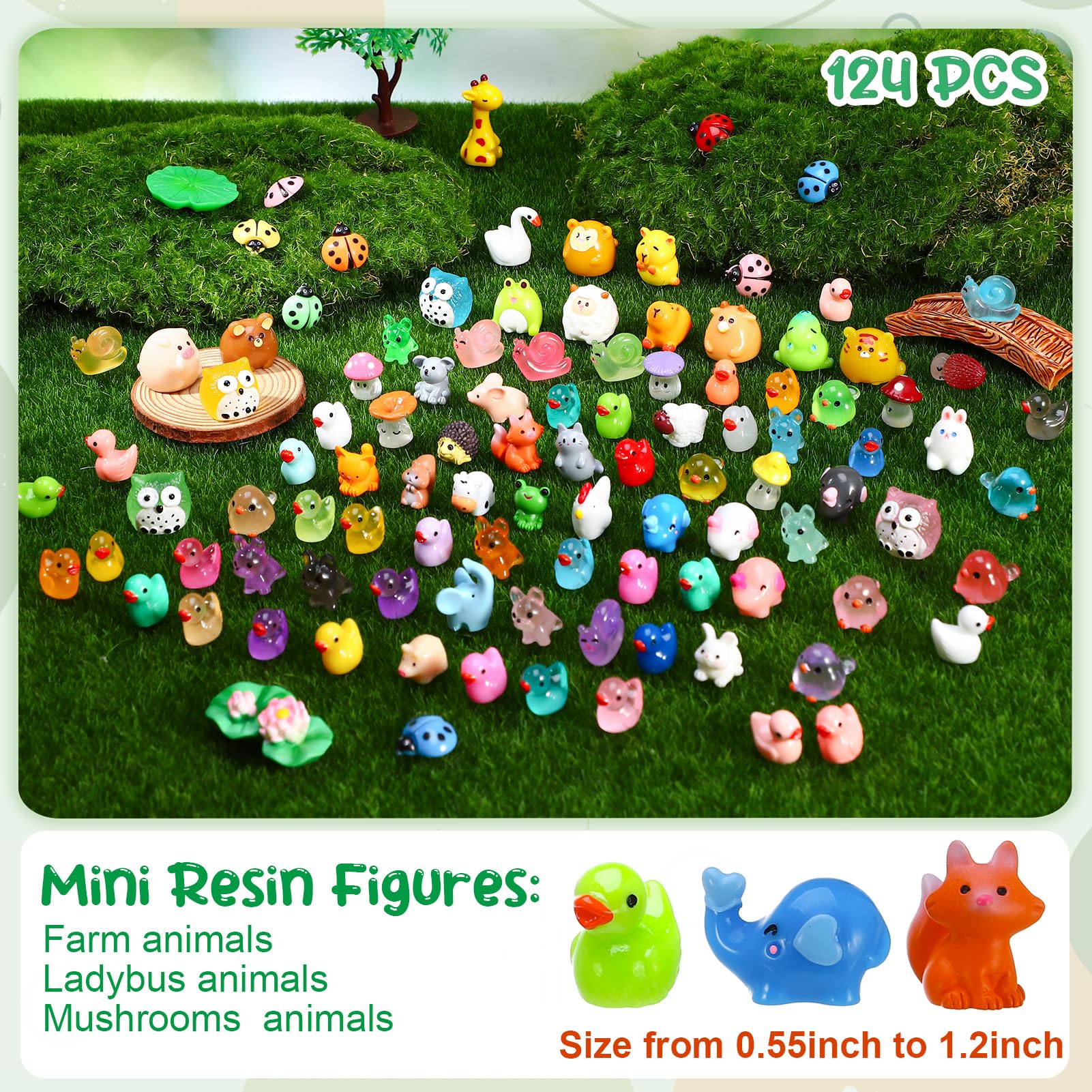 GSrenyu Pack of 124 Mini Resin Animals,Luminous Tiny Resin Ducks,Frogs Mixed Cute Animals Miniature Figures Glow in the Dark Toy Small Figurines for Landscape Garden Dollhouse Decoration Craft - Image 3