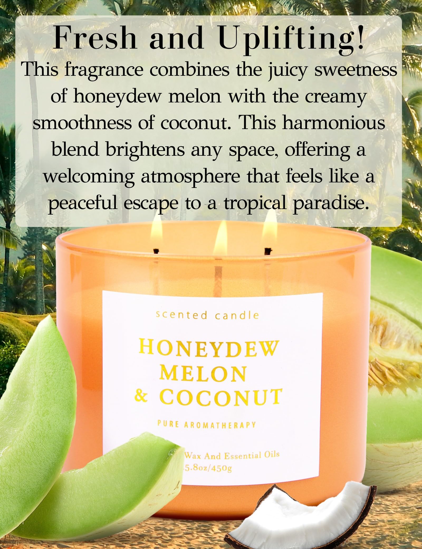 Honeydew - Vela de soja con aroma a melón y coco – Vela de soja grande con aroma de verano de 3 mechas – Velas relajantes de frutas tropicales para el hogar de 15.8 onzas, velas de aromaterapia para 2