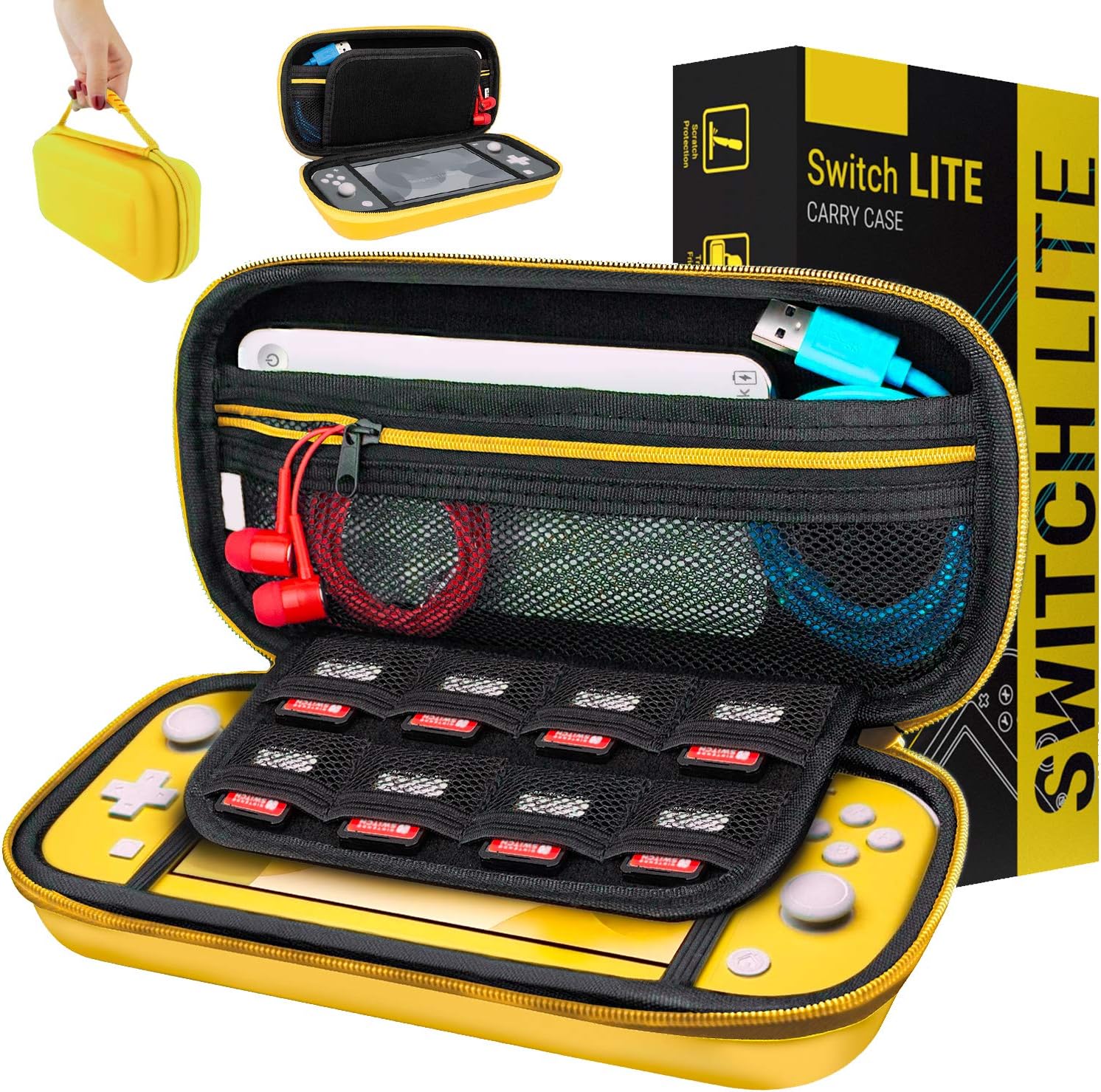 Carry Case for Nintendo Switch Lite (2019 Model) Protective Hard Shell Portable Travel Carry Case with Storage for Accessories & Game Cartridges (Yellow)