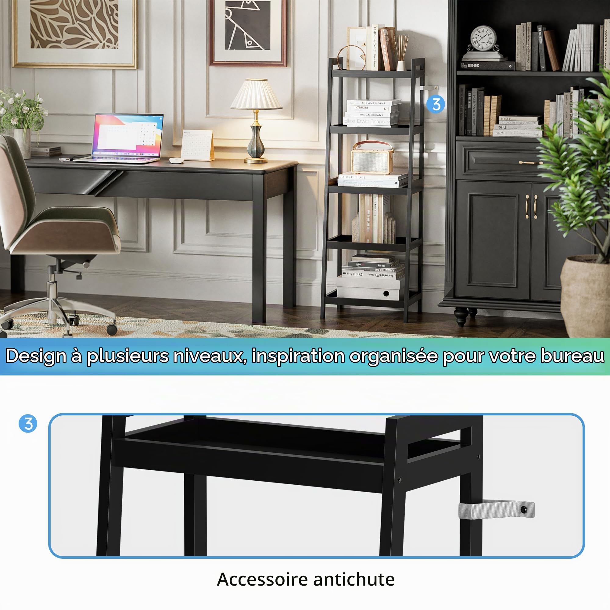 SMIBUY Bibliothèque échelle en Bambou, 4 Niveaux et 5 Niveaux Présentoir de Plantes autoportant Étagères économiseurs d’Espace pour Chambre, Cuisine, Balcon (Noir, 5 Niveaux (127cm H))