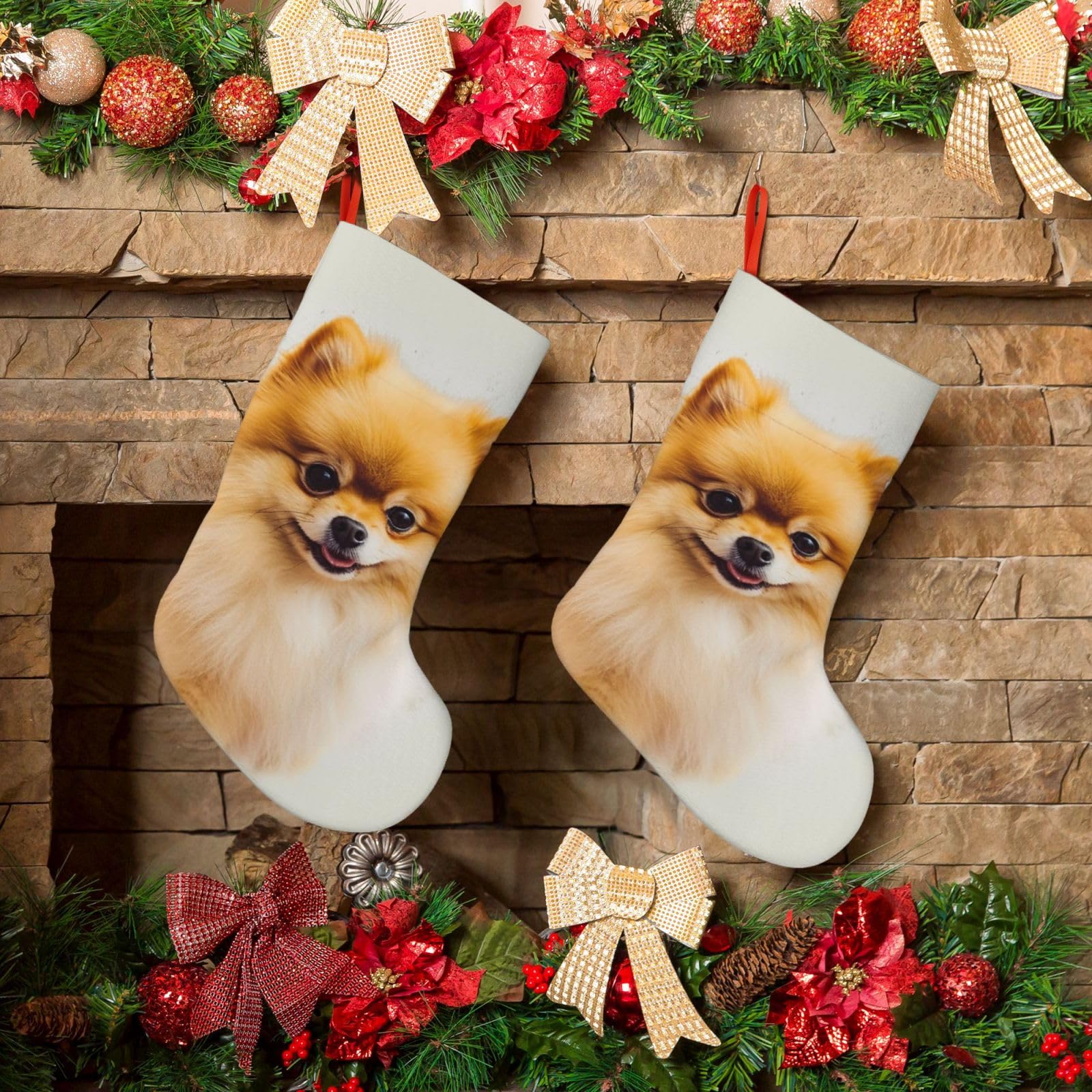 Yellow Pomeranian Christmas Stockings 18 Inches Velvet Xmas Fireplace Hanging Stocking Rustic Christmas Santa Stockings for Home Christmas Decorations Party Favor Supplies