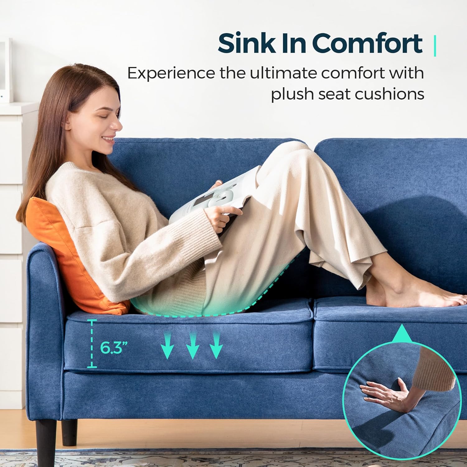Linsy 58" Blue Fabric Loveseat Sofa with Solid Wood Frame