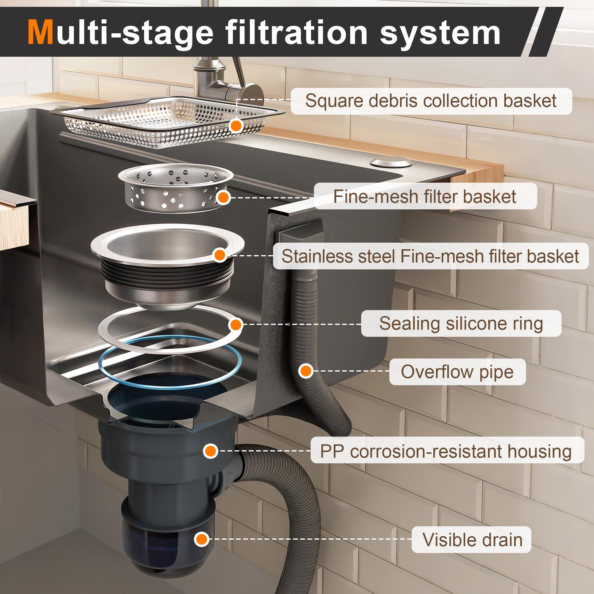 75 x 45 cm Fregadero empotrable de acero inoxidable con tabla de cortar, lavabo adicional y cesta colador, fregadero de cocina recubierto de PVD, construcción silenciosa, desagüe cascada y 3 orificios