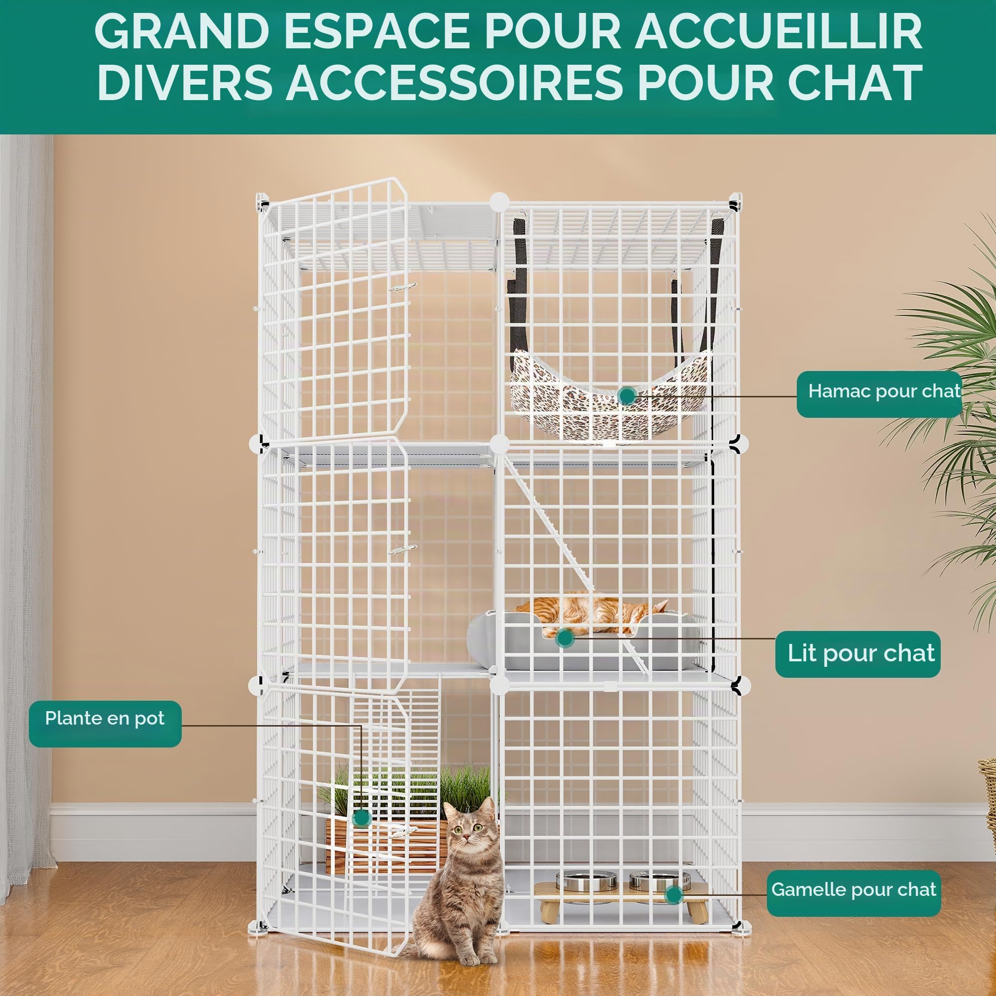 YITAHOME Cage d'intérieur pour Chat 3 Niveaux à Monter soi-même, Niche pour Chat avec Hamac Extra Large, 72 x 72 x 104 cm, Blanc
