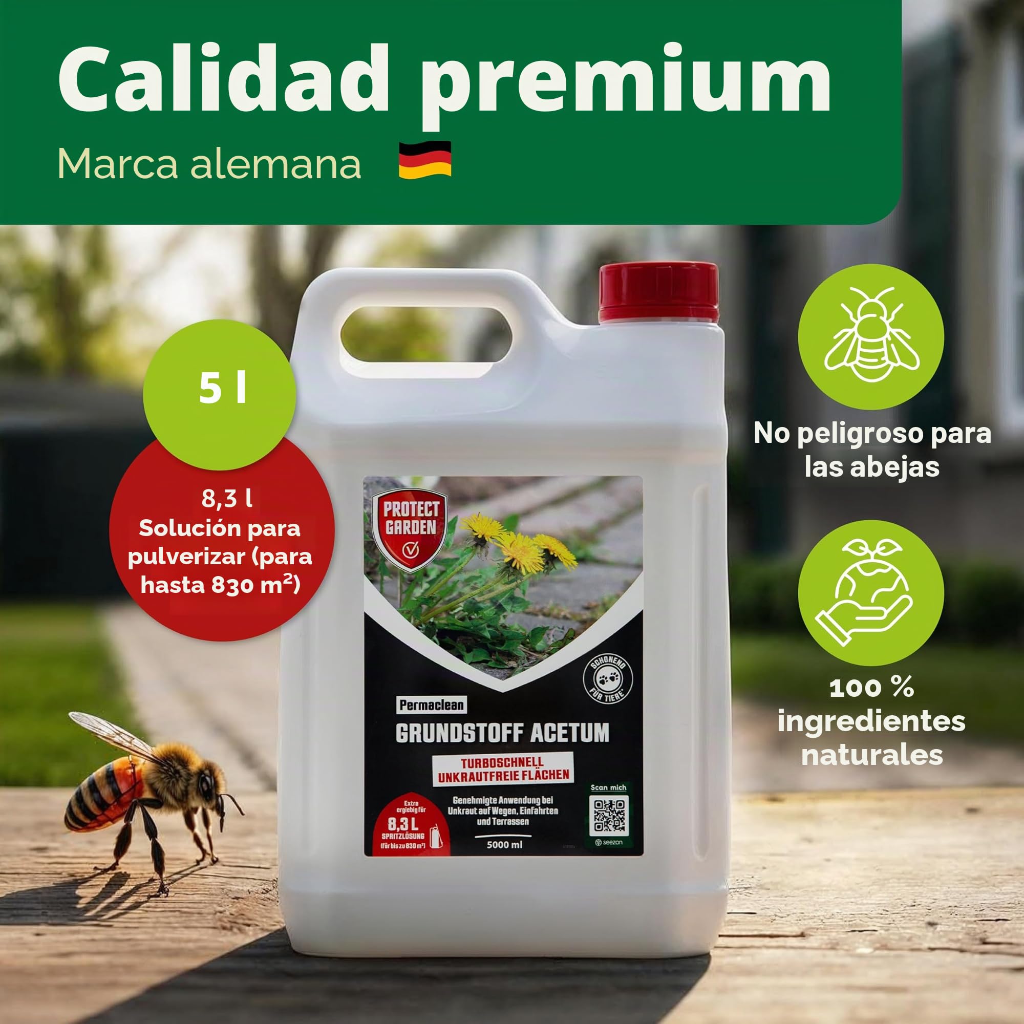 PROTECT GARDEN Permaclean - Base acetum para eliminar las malas hierbas en caminos, plazas y terrazas, bidón de 5 litros
