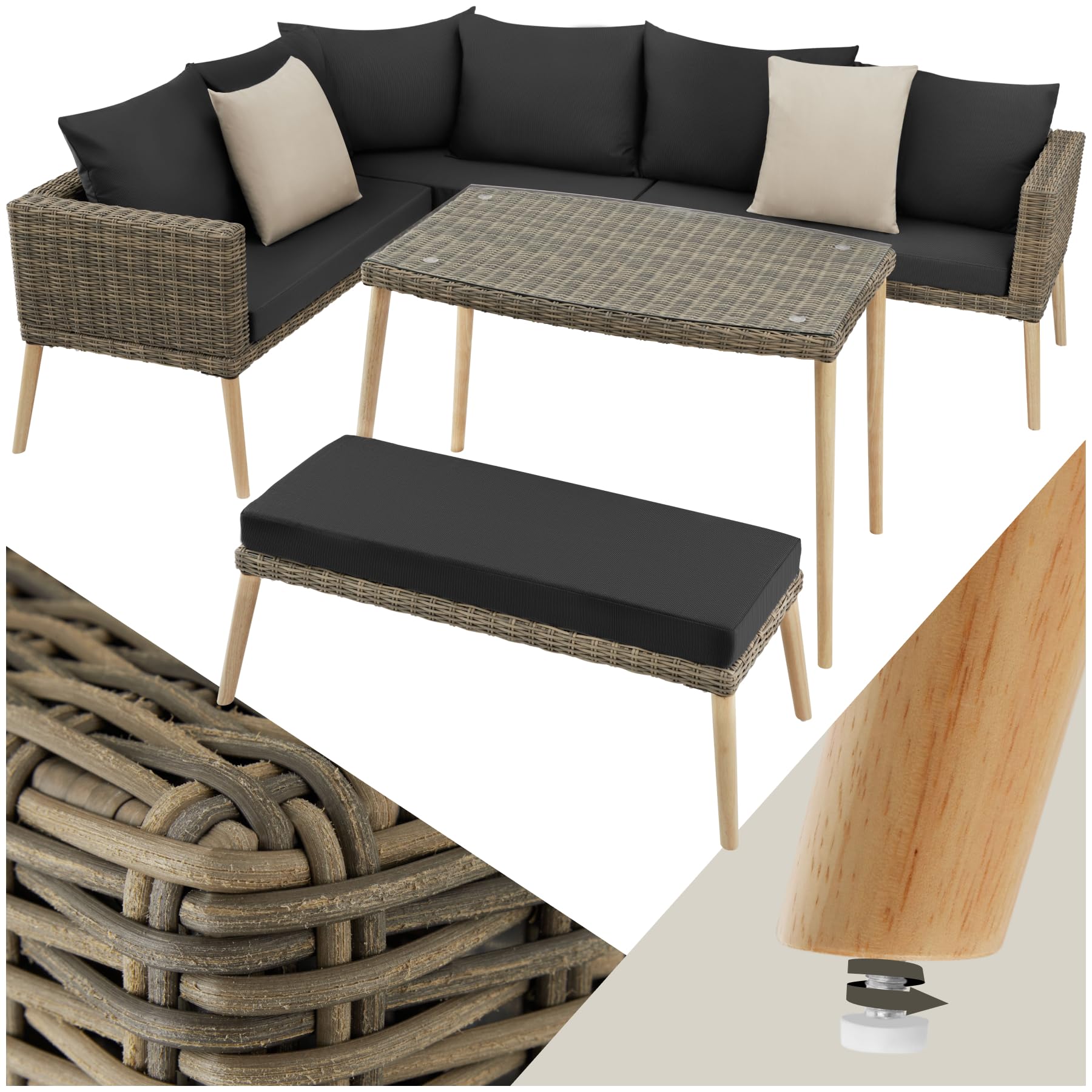 tectake® Ensemble Salon de Jardin Exterieur en Poly Rotin et Aluminium, 4 Places 1 Canapé 1 Banquette Jardin et 1 Table de Jardin, Facile d'entretien, Mobilier pour Amenagement Balcon Terrasse Veranda