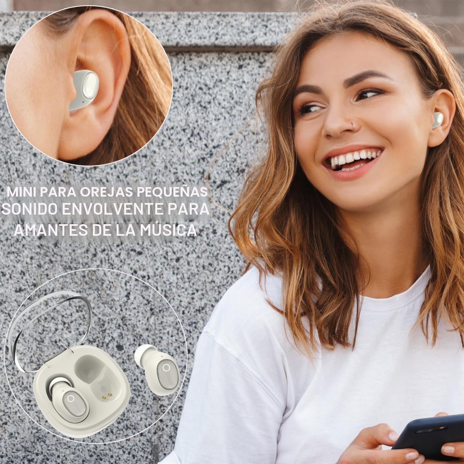 Mini Auriculares inalámbricos para Canales auditivos pequeños, Auriculares Bluetooth para Mujeres con 2 micrófonos para Llamadas claras con IA,Soporte de Sonido Premium inmersivo Modo único