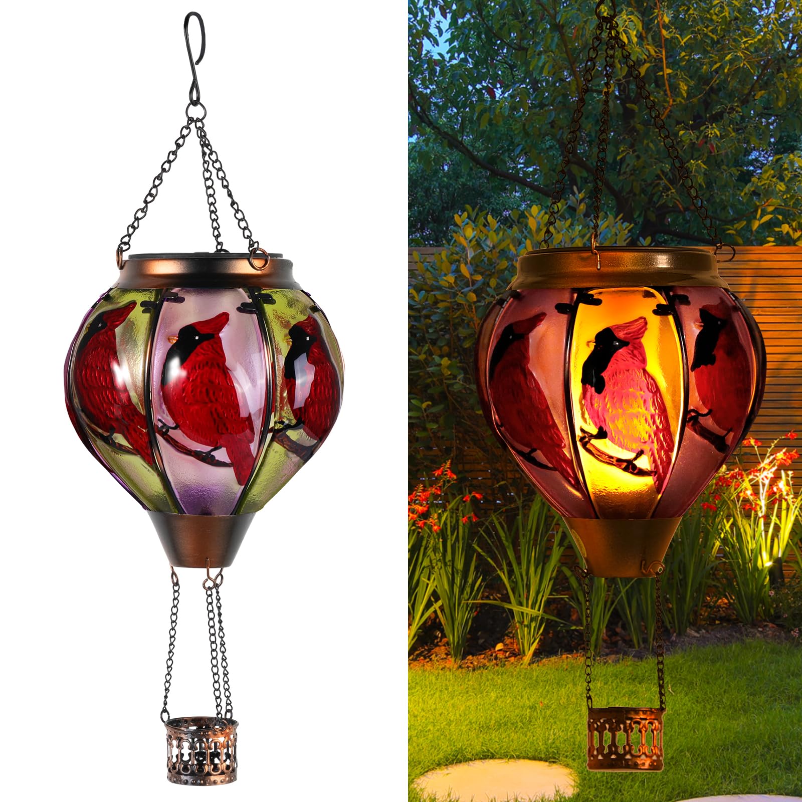 LarekookSolar Hot Air Balloon - Solar Lanterns Outdoor Hanging Waterproof for Garden Yard Patio Farmhouse Decoration，Stained Glass Cardinal