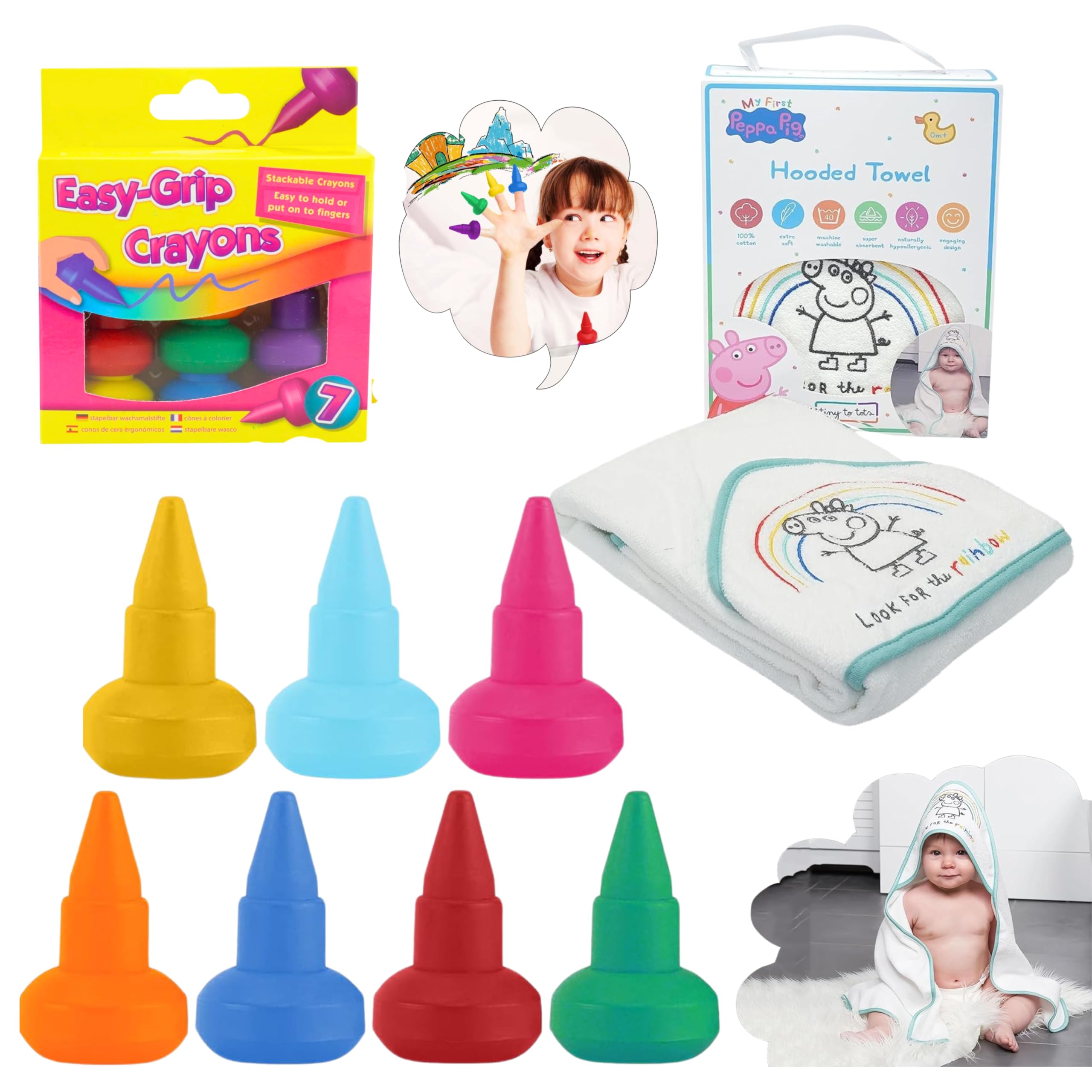 7Pcs Washable Crayons & 1x Peppa Pig Baby Hooded Towel, Non-Toxic, Easy-Grip Crayons & Soft Cotton Towel for Toddlers, Perfect for Art, Bath, Travel, & Christmas Gift for Boys & Girls