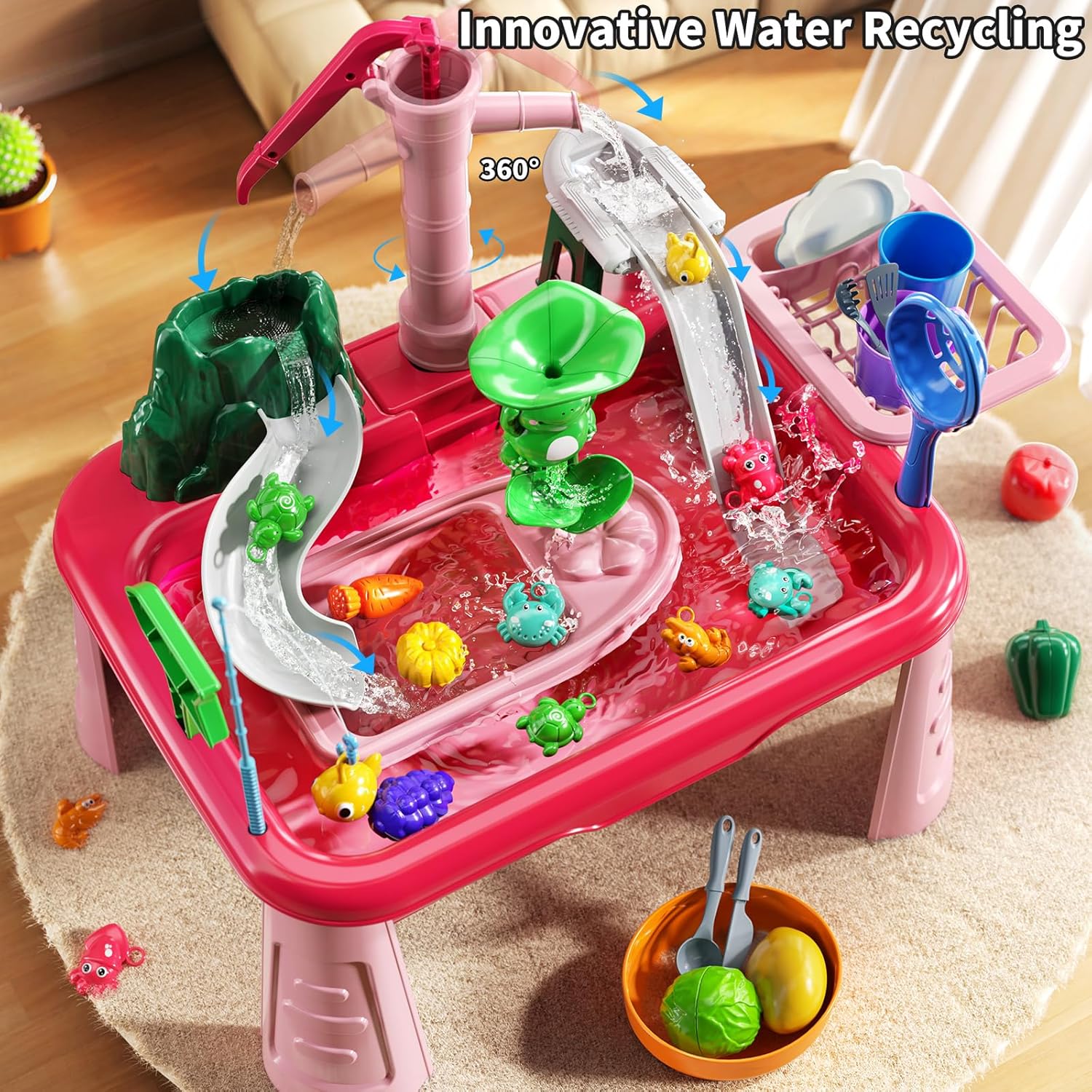 Water Table for Toddlers 3-5- Kids Play Sink with Pump and Running Water, Water Table for Kids Ages 4-8 with Fishing Game, Summer Outside Sensory Gift Toys for Boy and Girl 3 4 5 6 7 8 (Red)