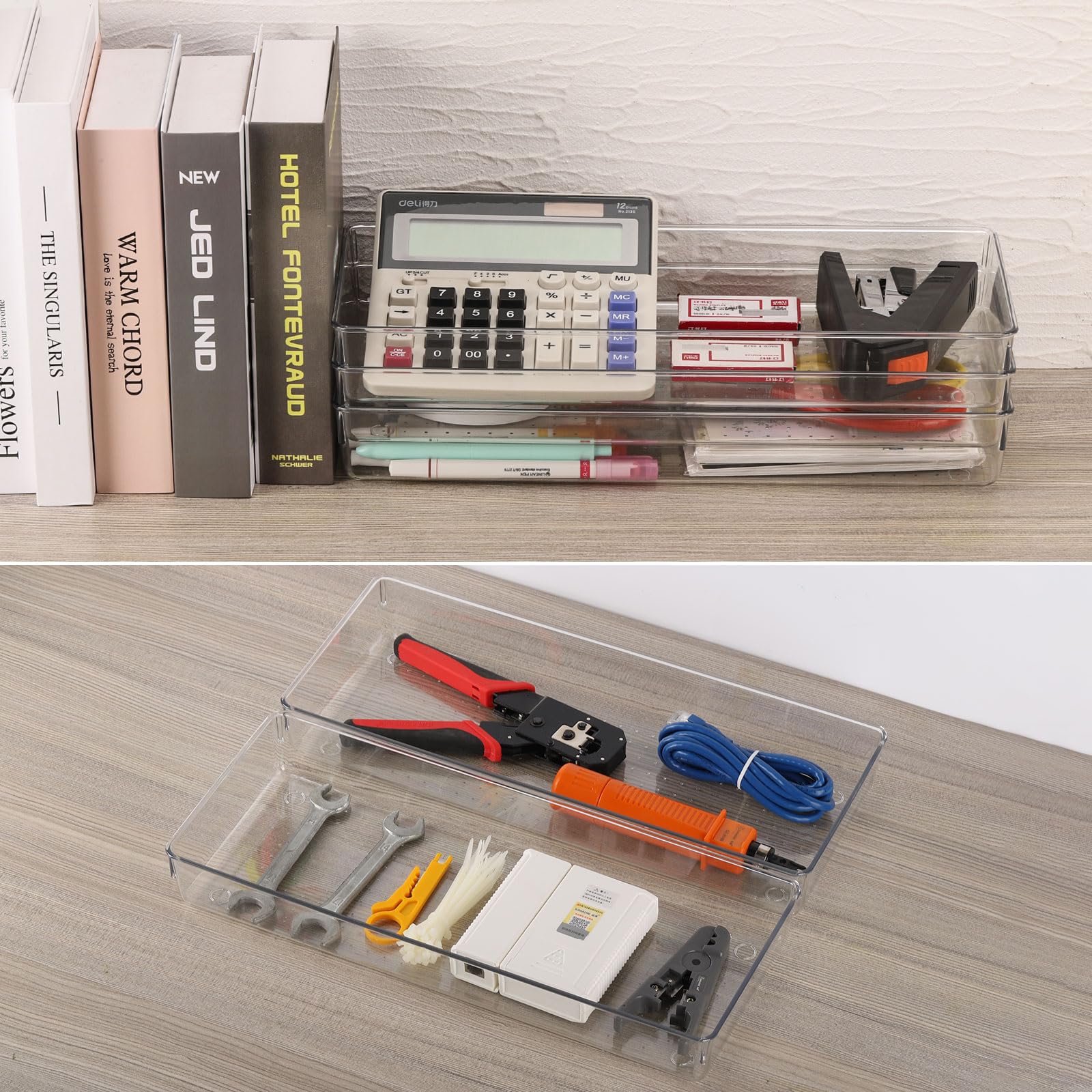 6 vassoi grandi in plastica trasparente per cassetti, 38,1 x 16 cm, con 25 cuscinetti antiscivolo per trucchi, gioielli, utensili da cucina, bagno e ufficio (38,1 x 15,2 cm)