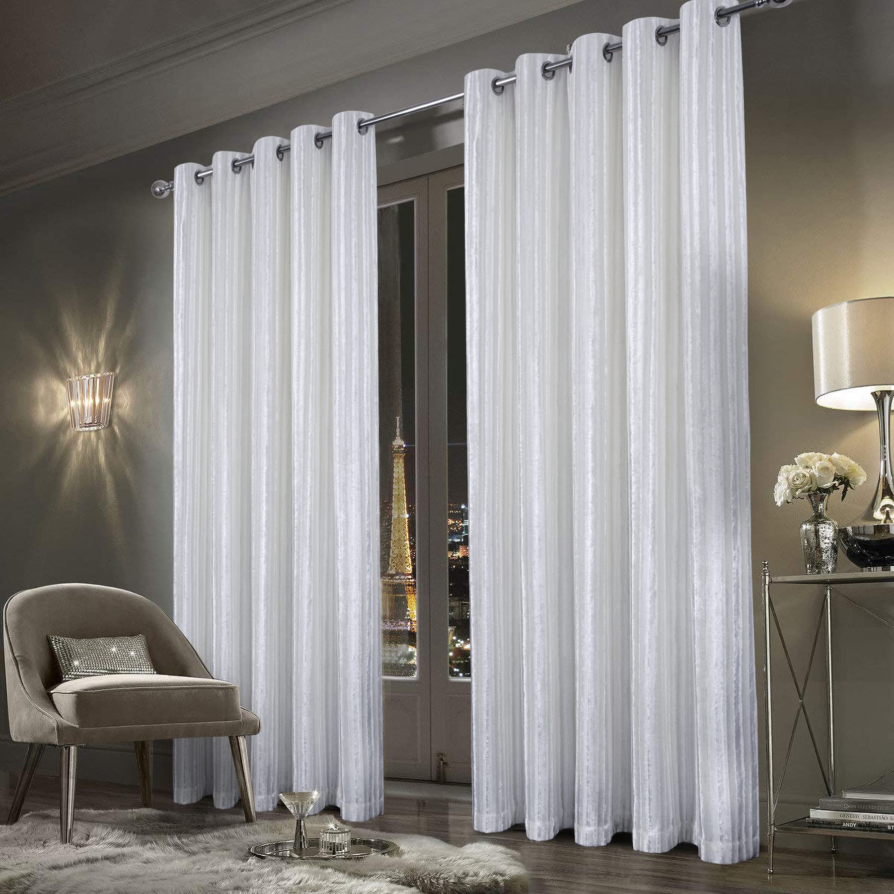 always4u Plush Velvet Curtains Luxury Velour Drapes for Living Room Bedroom Modern Beautiful Shining Window Treatment 2 Panels White 55 * 69 Inches