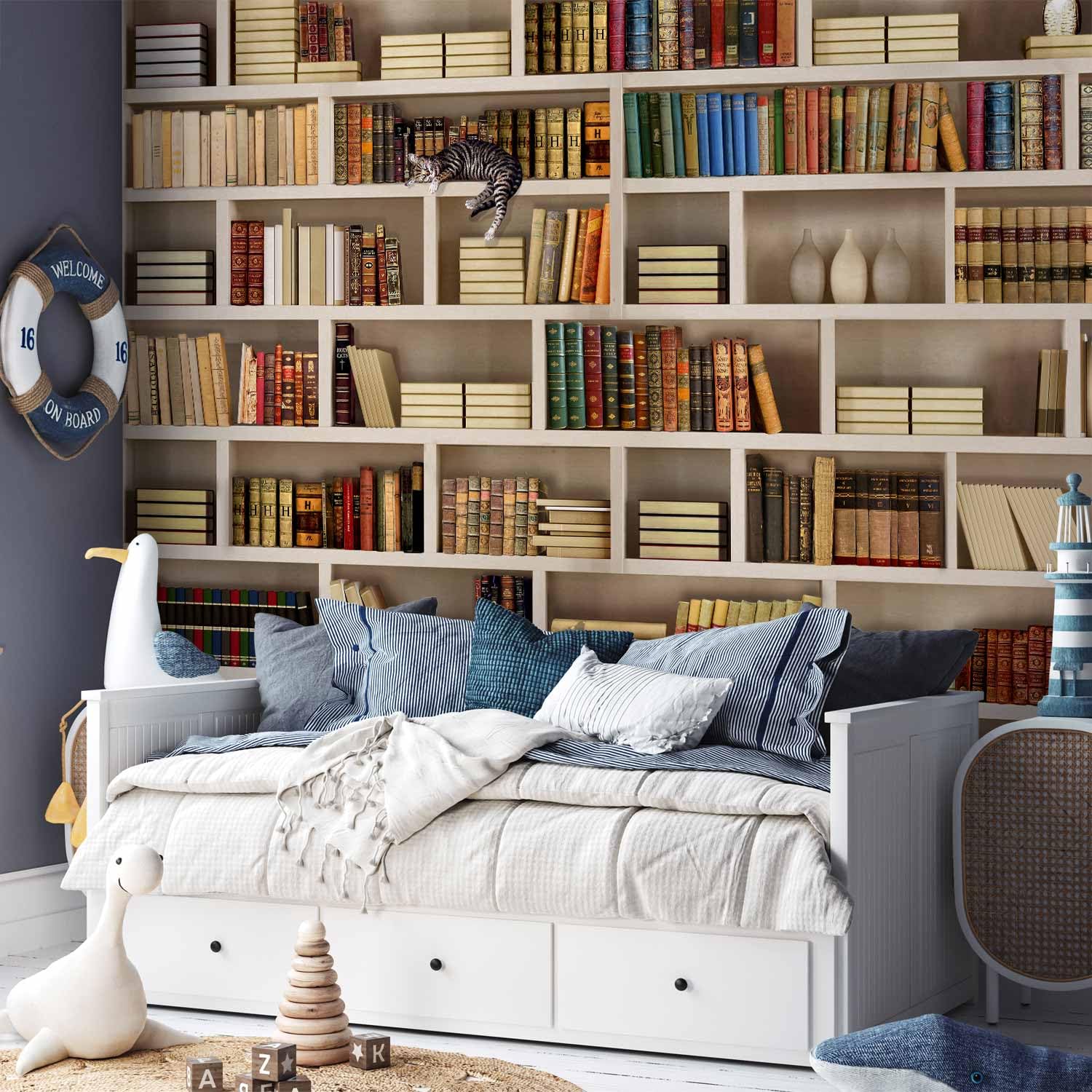 murando - Fototapete Vlies Bibliothek, 400x280 cm, Schlafzimmer, Wohnzimmer | Full HD Druck, 3D-Effekt, lichtbeständige Farben, ideal fürs Wohn- oder Schlafzimmer, schnelle Montage, lichtbeständig, edel