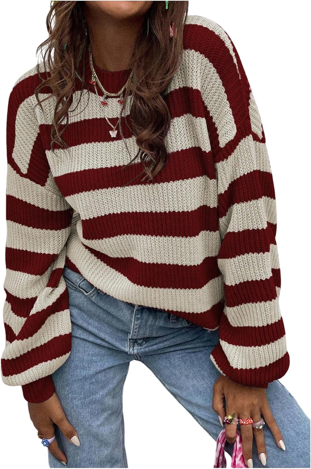 Floerns Women's Striped Cozy Sweaters Crewneck Long Sleeve Halloween Loose Knit Pullover Jumper
