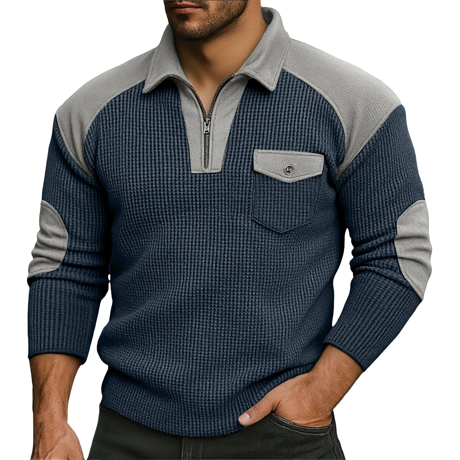 Waffel Karohemd Langarm Herren Sweatshirt mit Klappentasche Vintage Revers Shirt Reißverschluss Herrenshirt Stylisch lässige Hemd Longsleeve für Männer