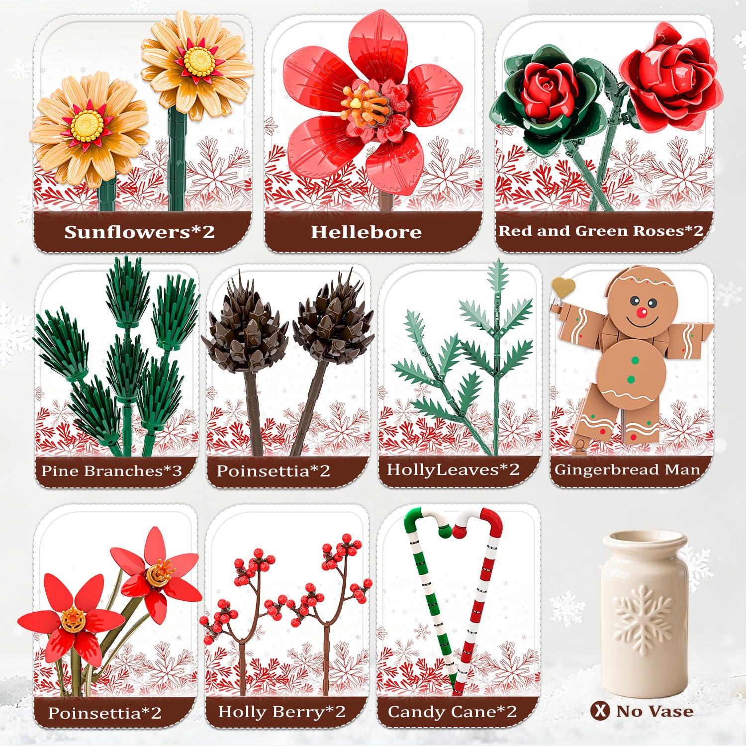 Set di Costruzione di Bouquet di Fiori Natalizi, Collection Botanica di Natale Compatibile con i Fiori Lego, Regalo di Natale per Nipoti e Adolescenti, 865 Pezzi
