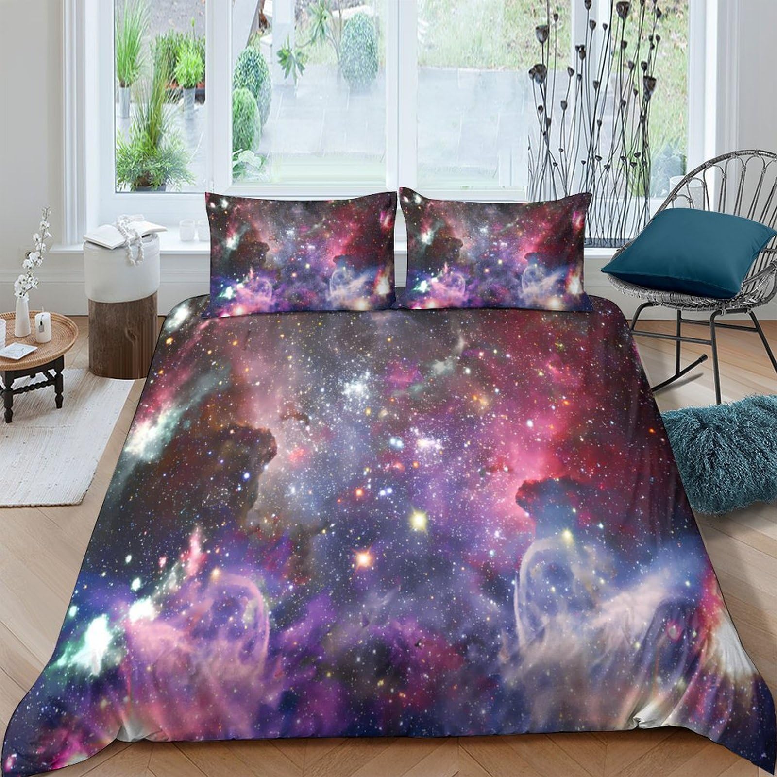 TUFRTGYHN 3D Printed Galaxy Starry Sky Duvet Cover Set Microfiber Soft Cosmic Nebula Bedding Set with 2 Pillowcases for Bedroom Decor Single（135x200cm）