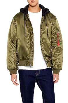 Forever 21 Men's Hooded Cargo Bomber Jacket, Olive/Black at