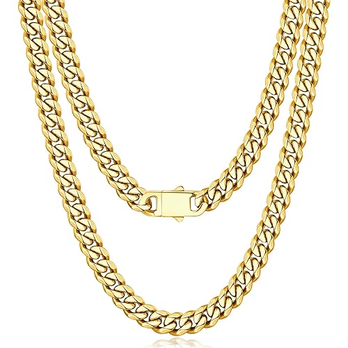 Jewlpire 5mm 7mm 9mm Silver Tone/18k Gold Plated Cuban Link Chain Necklace for Men Boys, Stainless Steel Chains for Men with Push-lock Clasp, Luxury Mens Jewelry with Gift Box, 18 20 22 24 26 Inch