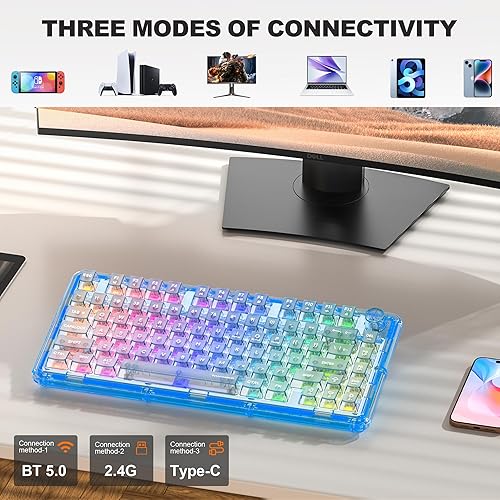 Miniatura 4 de Teclado mecánico transparente, teclados cremosos inalámbricos retroiluminados RGB, diseño acrílico transparente personalizable de intercambio en