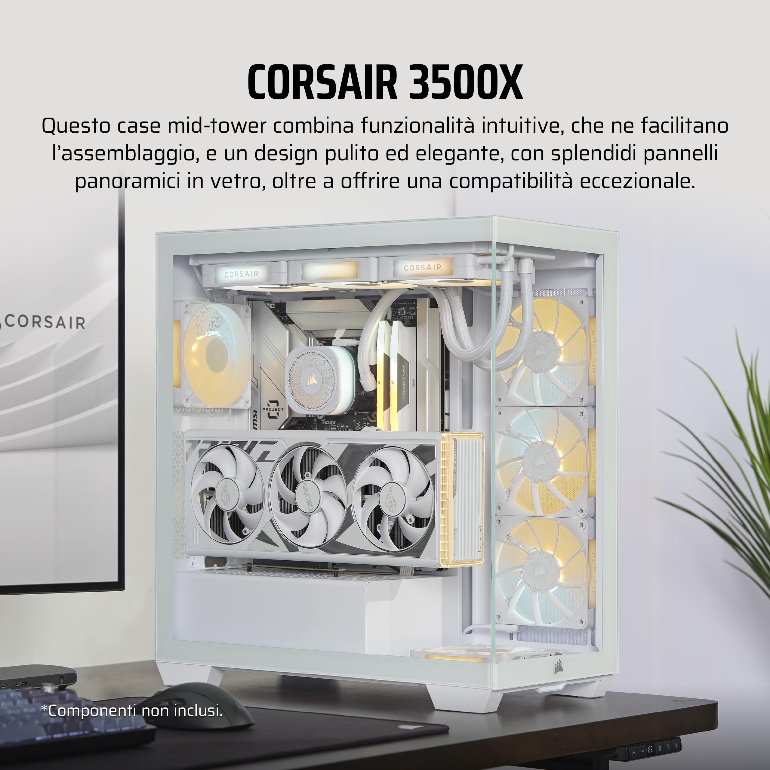CORSAIR 3500X Mid-Tower ATX Case per PC - Vetro Temperato Panoramico - Compatibile con Scheda Madre a Connessione Inversa - Nessuna Ventola Inclusa - Bianco