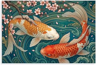 Koi Fish Japanese Canvas Poster Cherry Blossom Print Ukiyo E Inspired Painting Wall Art for Home Bedroom Office Dorm Living Room Decor Unframe 12x18inch(30x45cm)