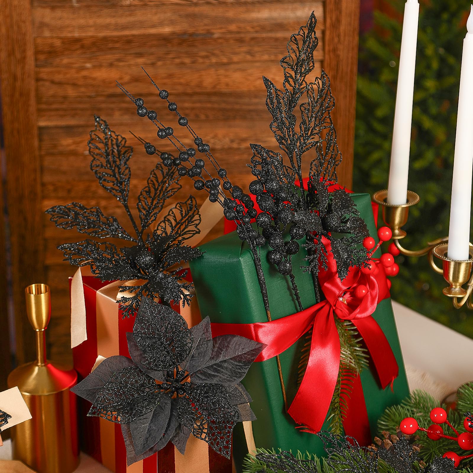 Alupssuc Künstliche Ilex-Beerenzweige und Stechpalmenblätter, Weihnachtsdekoration, künstliche Beeren, Stiele für Baum, Girlande, Kranz, künstliche Weihnachtsdekoration, für drinnen und draußen,
