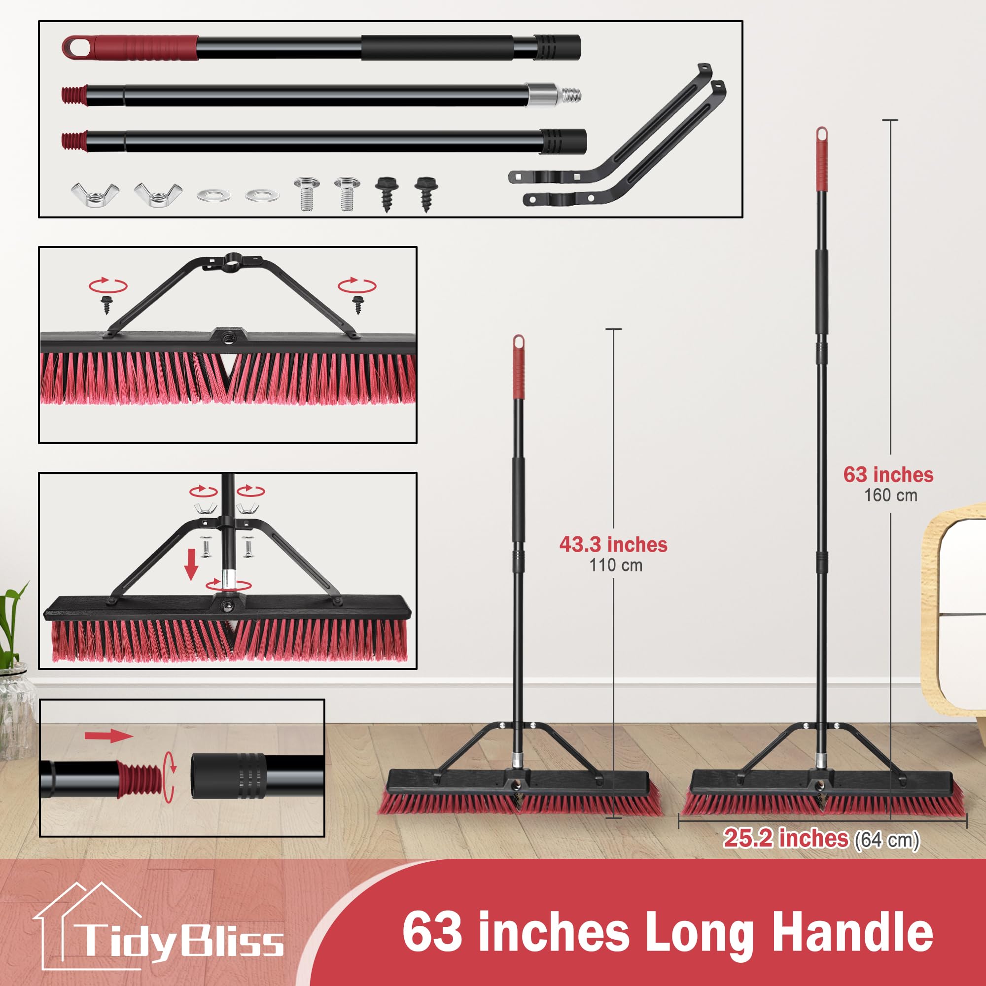 TidyBliss Scopa da Esterno Resistente da 60 cm, Spazzolone per Pavimenti Esterni con Setole Rigide e Manico Lungo 160 cm per Garage, Giardino, Cortile, Terrazza, Strada, Magazzino, Vialetto (Rosso)