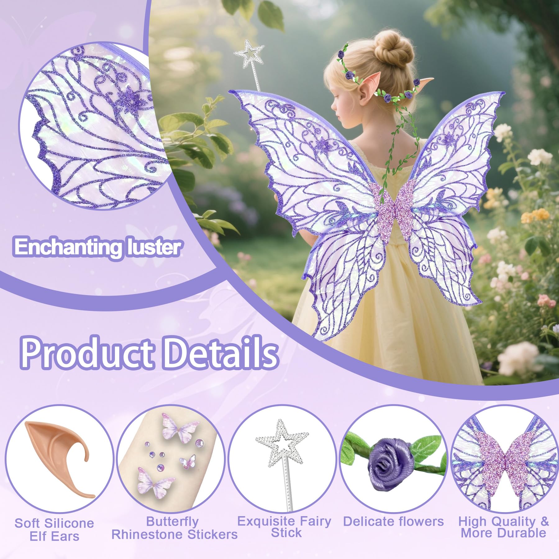 YeahBoom Children's fairy wings, butterfly wings with elf ears, fairy headband and star fairy wands, butterfly wings - Image 3